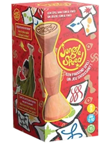 doos van het kaartspel Jungle Speed met houten totem en kleurrijke symbolen