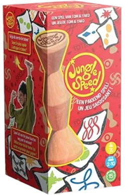doos van het kaartspel Jungle Speed met houten totem en kleurrijke symbolen