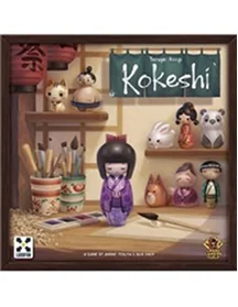doos van het bordspel Kokeshi met Japanse poppen en creatieve werktafel illustratie