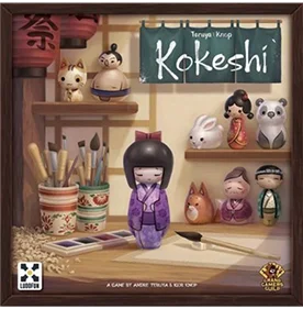 doos van het bordspel Kokeshi met Japanse poppen en creatieve werktafel illustratie